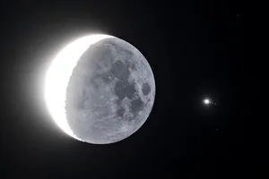 A view of the crescent Moon and Jupiter, with Jupiter’s Galilean moons on view, captured by Chirag Upreti from Westchester, New York, USA, 6 October 2026. Equipment: Sony A7R3 camera, Sony 200–600mm lens, 2X extender. Exposure: ISO 3200, f/16, 1/3s A view of the crescent Moon and Jupiter, with Jupiter's Galilean moons on view, captured by Chirag Upreti from Westchester, New York, USA, 6 October 2026. Equipment: Sony A7R3 camera, Sony 200–600mm lens, 2X extender. Exposure: ISO 3200, f/16, 1/3s