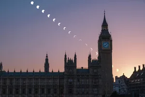 Partial solar eclipse over London, captured by Toshi Omagari, 12 August 2026. Equipment: FujiFilm X-E4 camera, Sigma 18–50mm lens, solar filter. Exposure for eclipse: f/8, 1/4000s, ISO 3200, 5-minute intervals. Exposure for Big Ben: f/8, 1/180, ISO 640 Partial solar eclipse over London, captured by Toshi Omagari, 12 August 2026. Equipment: FujiFilm X-E4 camera, Sigma 18–50mm lens, solar filter. Exposure for eclipse: f/8, 1/4000s, ISO 3200, 5-minute intervals. Exposure for Big Ben: f/8, 1/180, ISO 640