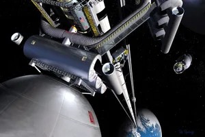 Artist’s impression of a space elevator. Credit: AFP PHOTO/ NASA (Photo by NASA / NASA / AFP) (Photo by NASA/NASA/AFP via Getty Images) Artist's impression of a space elevator. Credit: AFP PHOTO/ NASA (Photo by NASA / NASA / AFP) (Photo by NASA/NASA/AFP via Getty Images)