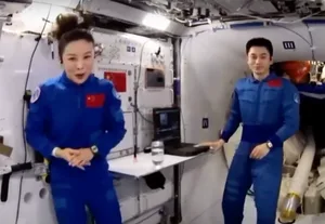 A video showing a glass of water sitting on a worktop onboard the Chinese space station. Credit: CGTN / CNSA A video showing a glass of water sitting on a worktop onboard the Chinese space station. Credit: CGTN / CNSA
