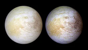 Two views of moon Europa captured by NASA’s Galileo spacecraft in June 1997. Credit: NASA, NASA-JPL, University of Arizona Two views of moon Europa captured by NASA's Galileo spacecraft in June 1997. Credit: NASA, NASA-JPL, University of Arizona