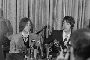 John Lennon and Paul McCartney 1968 Musicians John Lennon (left) and Paul McCartney of the Beatles hold a press conference at the Americana Hotel in New York City to announce their new venture, Apple Corps, 14th May 1968
