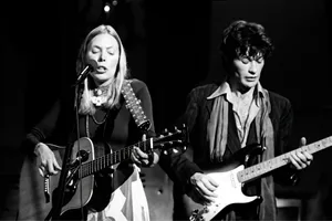 Joni Mitchell and Robbie Robertson of The Band at the latter’s Last Waltz, Winterland Ballroom, 1976 Joni Mitchell and Robbie Robertson of The Band at the latter's Last Waltz, Winterland Ballroom, 1976