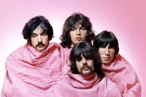 Pink Floyd 1968 Psychedelic rock group Pink Floyd pose for a portrait shrouded in pink in August of 1968 in Los Angeles. (L-R) Nick Mason, Dave Gilmour, Rick Wright (centre front), Roger Waters