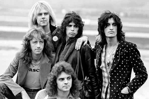 Aerosmith-1977 Aerosmith posing for a band portrait, November 1977