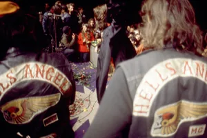 Hells Angels guarding the stage during the Rolling Stones’ set at Altamont, 1969 Hells Angels guarding the stage during the Rolling Stones' set at Altamont, 1969
