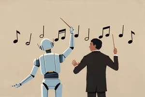 Orchestra conductor watching AI robot conduct music notes on beige background The classical music world has changed a lot in the past 50 years © Getty Images