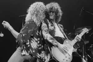 Led Zeppelin 1975 Earl’s Court Robert Plant (left) and Jimmy Page performing with Led Zeppelin, at Earl's Court, London, May 1975