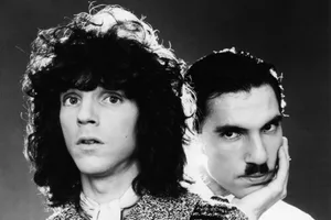 Sparks, American art pop band, 1975. L-R Ron Mael, Russell Mael Sparks, American art pop band, 1975. L-R Ron Mael, Russell Mael