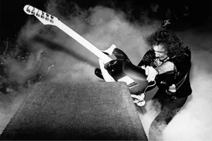 Ritchie Blackmore California Jam Ritchie Blackmore of Deep Purple performing live onstage during California Jam, smashing guitar against amplifier on US tour, 6th April 1974
