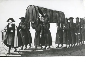 darkest nursery rhymes Ambulance men of Florence, Italy, carrying a patient on a stretcher whilst wearing masks to ward off the plague