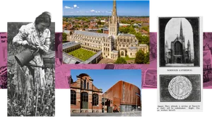 c-Heritage-hero copy Collage of black and white photographs of a woman with a watering can, cathedral, an old coin and some more modern day colour photos of same buildings