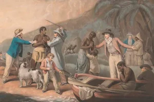 The Slave Trade, Print made by John Raphael Smith, 1752–1812, British, after George Morland, 1763–1804, British, 1791, Mezzotint, printed in color, published state on medium, slightly textured, cream laid paper, Sheet: 22 × 29 1/2 inches (55.9 × 74. The Slave Trade, Print made by John Raphael Smith, 1752–1812, British, after George Morland, 1763–1804, British, 1791, Mezzotint, printed in color, published state on medium, slightly textured, cream laid paper, Sheet: 22 × 29 1/2 inches (55.9 × 74.9 cm), Plate: 18 3/4 × 25 1/2 inches (47.6 × 64.8 cm), and Image: 18 1/4 × 25 3/8 inches (46.4 × 64.5 cm), clouds, dog (animal), families, genre subject, slavery, slaves, storm. (Photo by: Sepia Times/Universal Images Group via Getty Images)