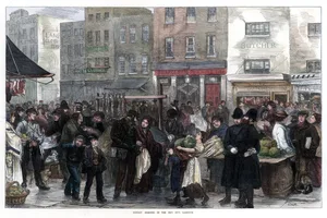 Colour drawing of market traders and policemen at a street market in 19th century London Colour drawing of market traders and policemen at a street market in 19th century London