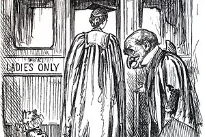 Black and white caricature depicting a woman in a black gown and mortar board with her back turned and a man with a hooked nose Black and white caricature depicting a woman in a black gown and mortar board with her back turned and a man with a hooked nose