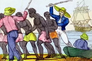 The Landing of Negroes’, 1826. The Landing of Negroes', 1826. Slaves who have survived the dreadful voyage from Africa being unloaded from slave ship at their destination. From The Black Man's Lament; or How to Make Sugar by Amelia Opie. (London, 1826). (Photo by Art Media/Print Collector/Getty Images)