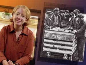 Podcast presenter Jen Baldwin, a blonde woman wearing glasses and orange blouse cut with a photo of striking workers Podcast presenter Jen Baldwin, a blonde woman wearing glasses and orange blouse cut with a photo of striking workers