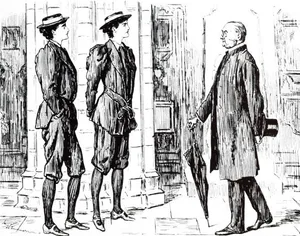 New Women 1 Black-and-white drawing showing a man in Victorian dress glaring at two women wearing trousers and boater hats