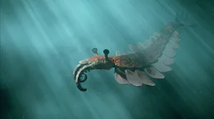 Anomalocaris, prehistoric creature of the Cambrian period (3d science illustration) prehistoric underwater life form swimming in the ocean shortly after the Cambrian explosion