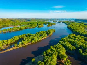 Aerial View of Upper Mississippi River and Driftless Area Landscape Scenic aerial view of the Mississippi River with forested islands wetlands and ridges in the Driftless Area