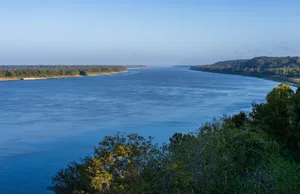 View down the Mississippi river from Natchez in the fall View of the Mississippi river from town of Natchez in Mississippi