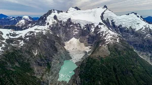 Aerial view of the hanging glacier and its waterfall in Chilean Patagonia Cristian Martin/Getty Images