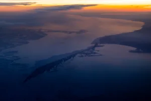 Long Point, Lake Erie Aerial view of Long Point and Lake Erie in early spring as the ice melts