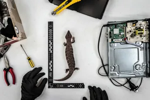 Gimesy_Doug_20190308_1DG0944_cmyk A wildlife officer from the Victorain Department of Environment, Land, Water and Planning (DELWP) measures one of two Blue-tongued lizards (Tiliqua nigrolutea) found bound and stuffed inside a DVD player. Posted to Asia, it was detected at a Melbourne postage sorting facility. DEWLP favility, Victoria, Australia March, 2019