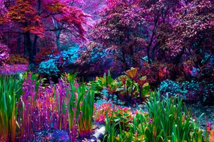 Surreal fantasy garden with multi-colored plants and foliage A surreal image depicting a formal garden with outlandish multi colored plants and flowers.