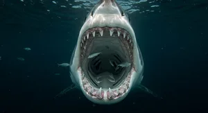 Great White Shark with Open Jaws Underwater A dramatic underwater shot of a great white shark with open jaws, surrounded by small fish in the ocean.