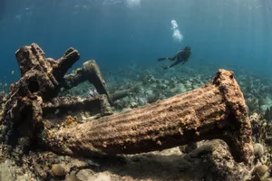 Diver exploring reef life and old wrecks, Alacranes, Campeche, Mexico Diver exploring reef life and old wrecks, Alacranes, Campeche, Mexico.