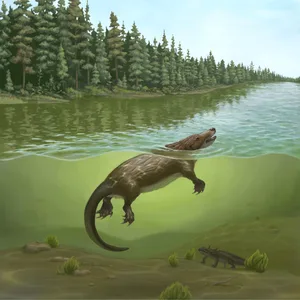 Life Restoration of Megacauda.image-jpeg Megacauda is exceptional for mammals in the Age of Dinosaurs, with a broad tail for swimming, and shearing teeth
for fish-eating. It lived a semiaquatic lifestyle, sheltering on shores and foraging in lakes of what is now eastern China. Credit: April I. Neander