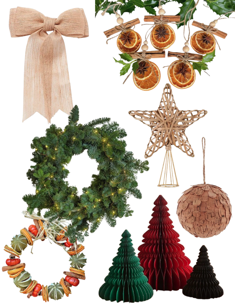 Natural Christmas decorations on a white background