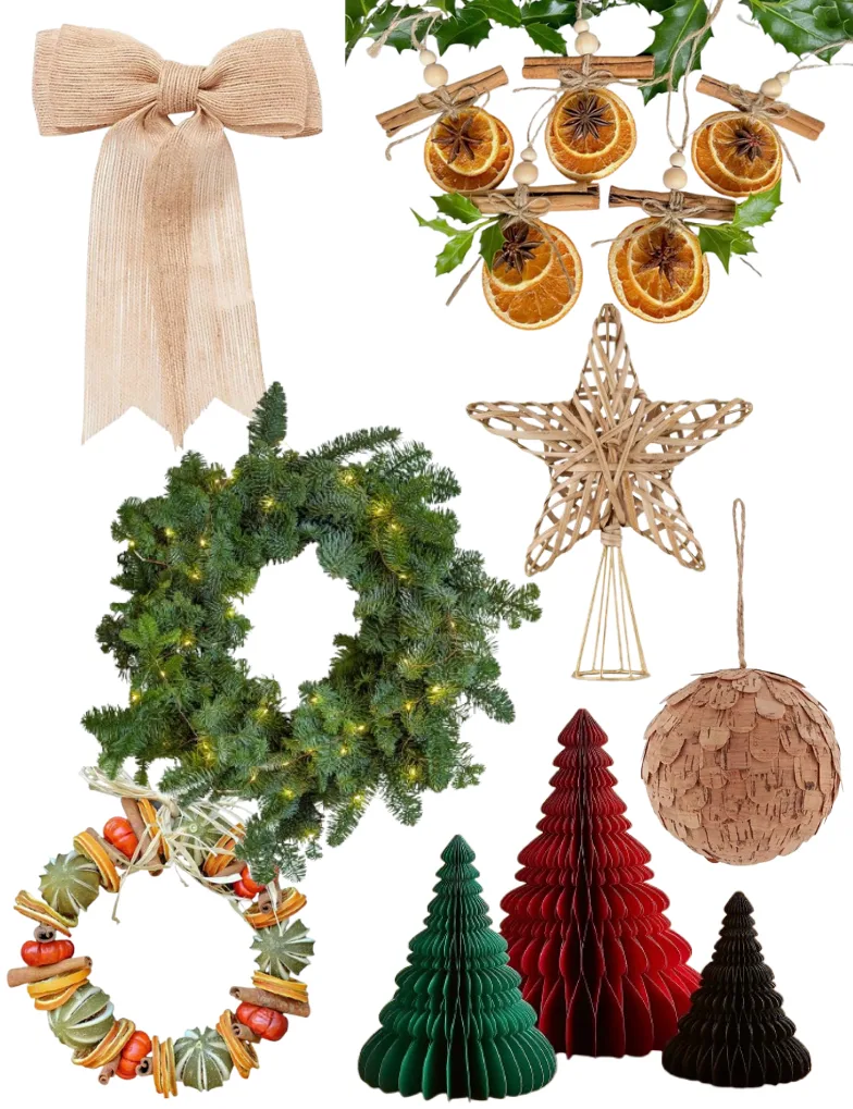 Natural Christmas decorations on a white background