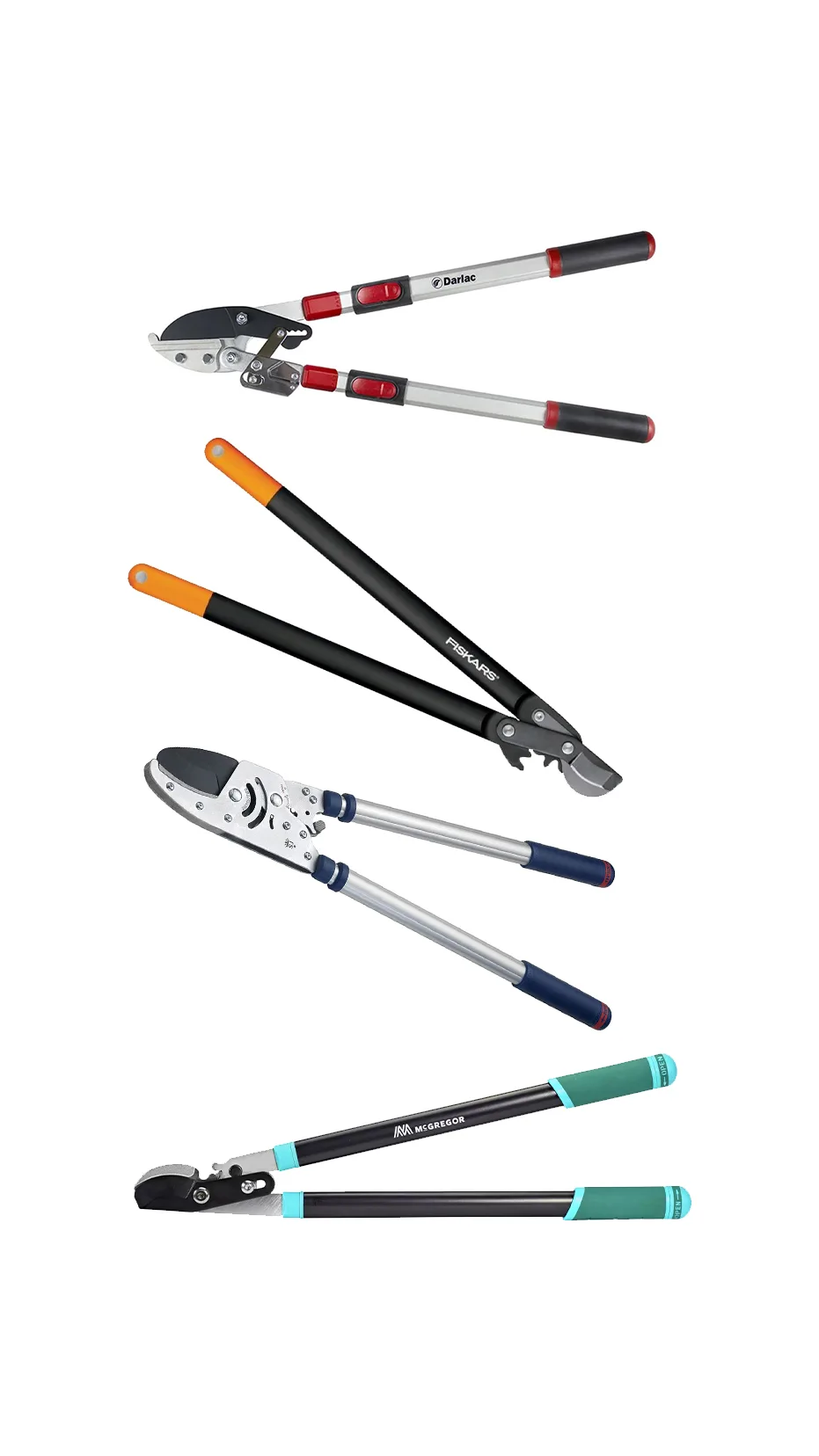 A selection of garden loppers on a white background