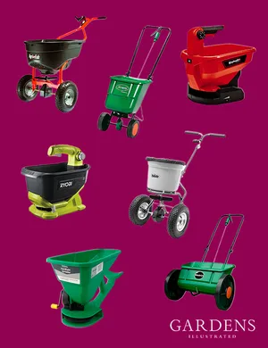 A selection of lawn seed spreaders A selection of lawn seed spreaders on a pink background