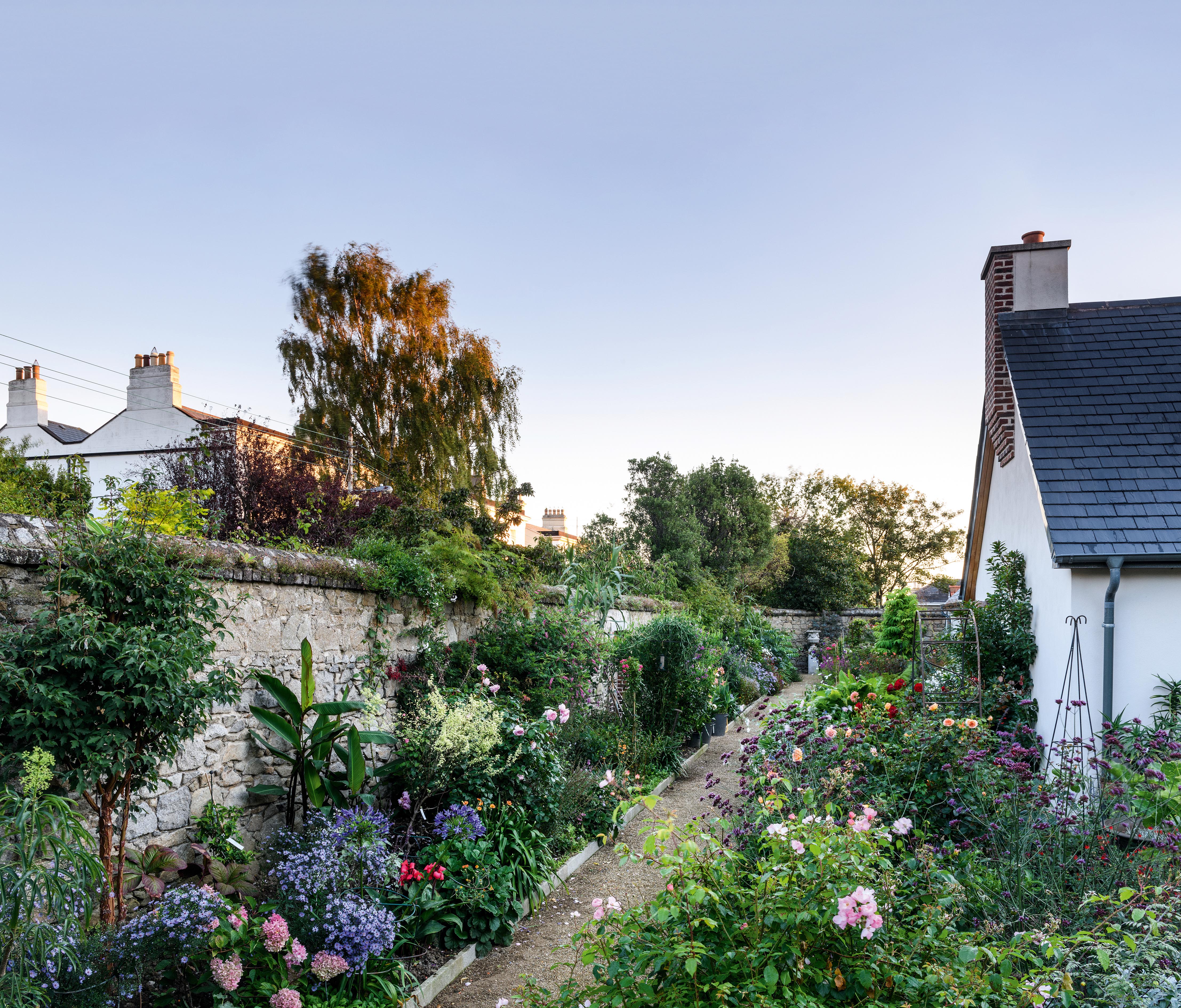 A long, gravel path follows the line of an old granite wall and a campana urn provides a focal point and full stop. The planting is a rich mixture of bedding, perennials and shrubs. Trees ‘borrowed’ from neighbouring gardens frame the space and link it with the landscape.