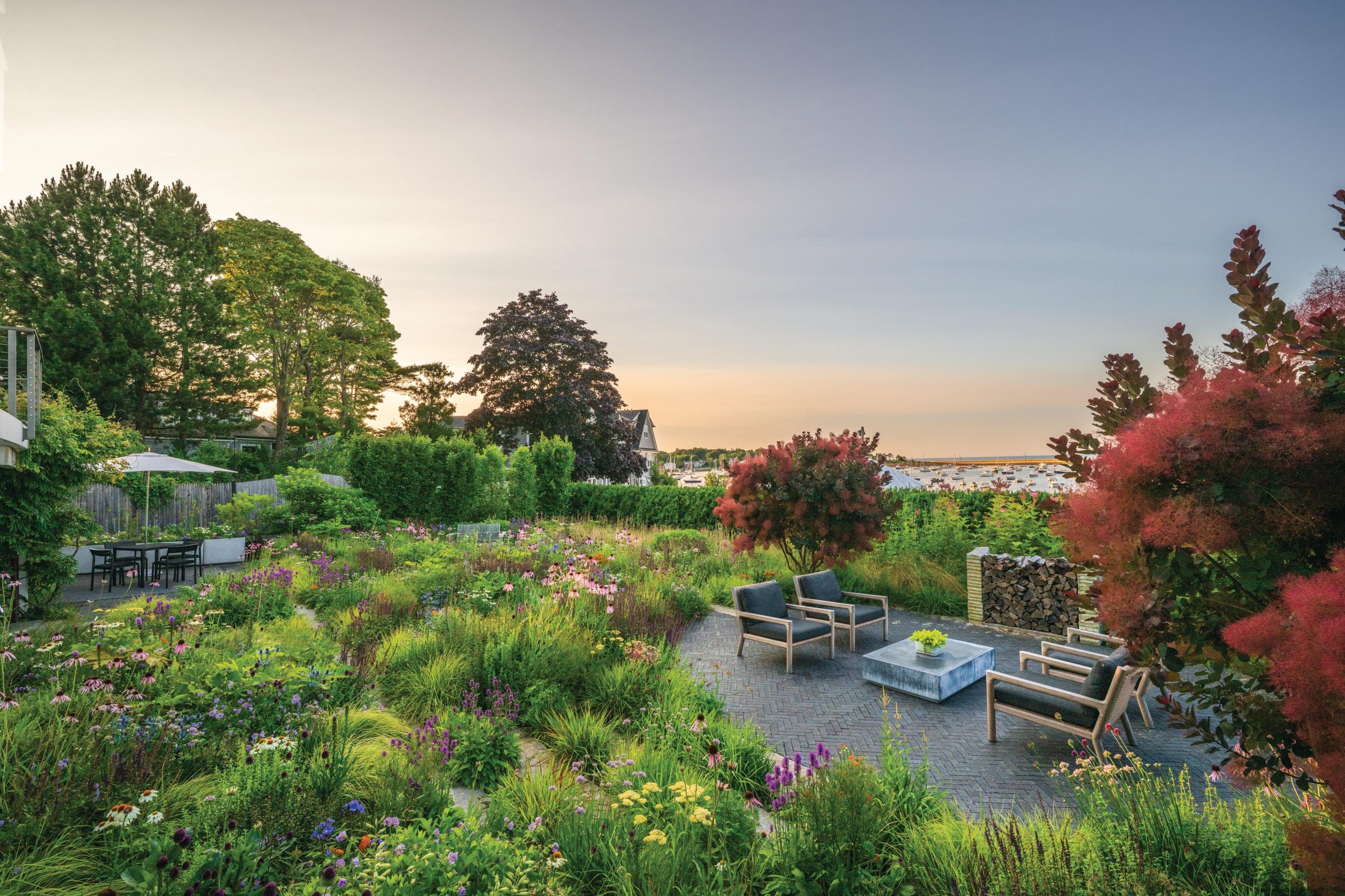 Garden seating overlooking harbour