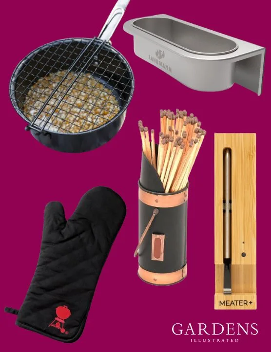 A selection of BBQ tools on a pink background