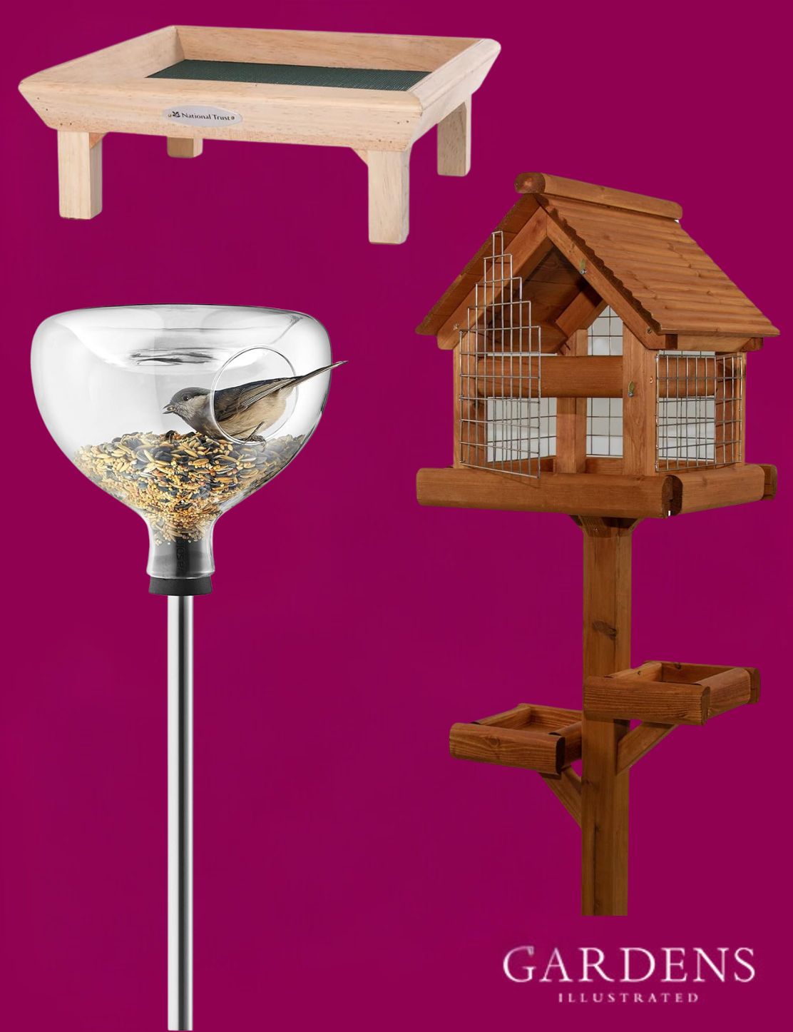 A selection of bird tables on a pink background