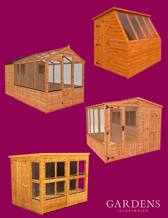 Selection of potting sheds on a pink background