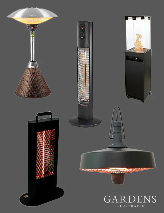Selection of patio heaters on a grey background