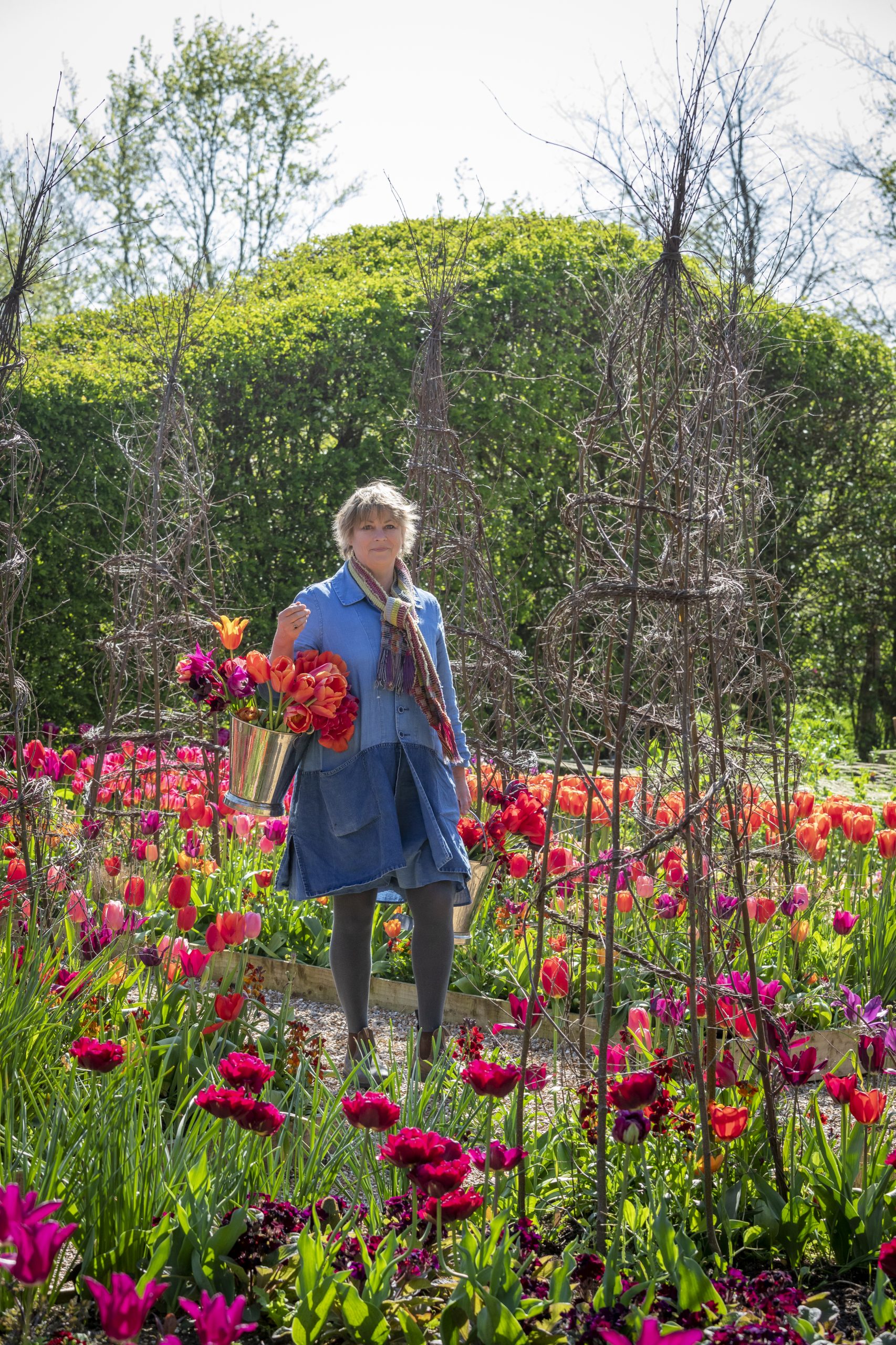 Sarah Raven with buckets of tulips in the cutting garden