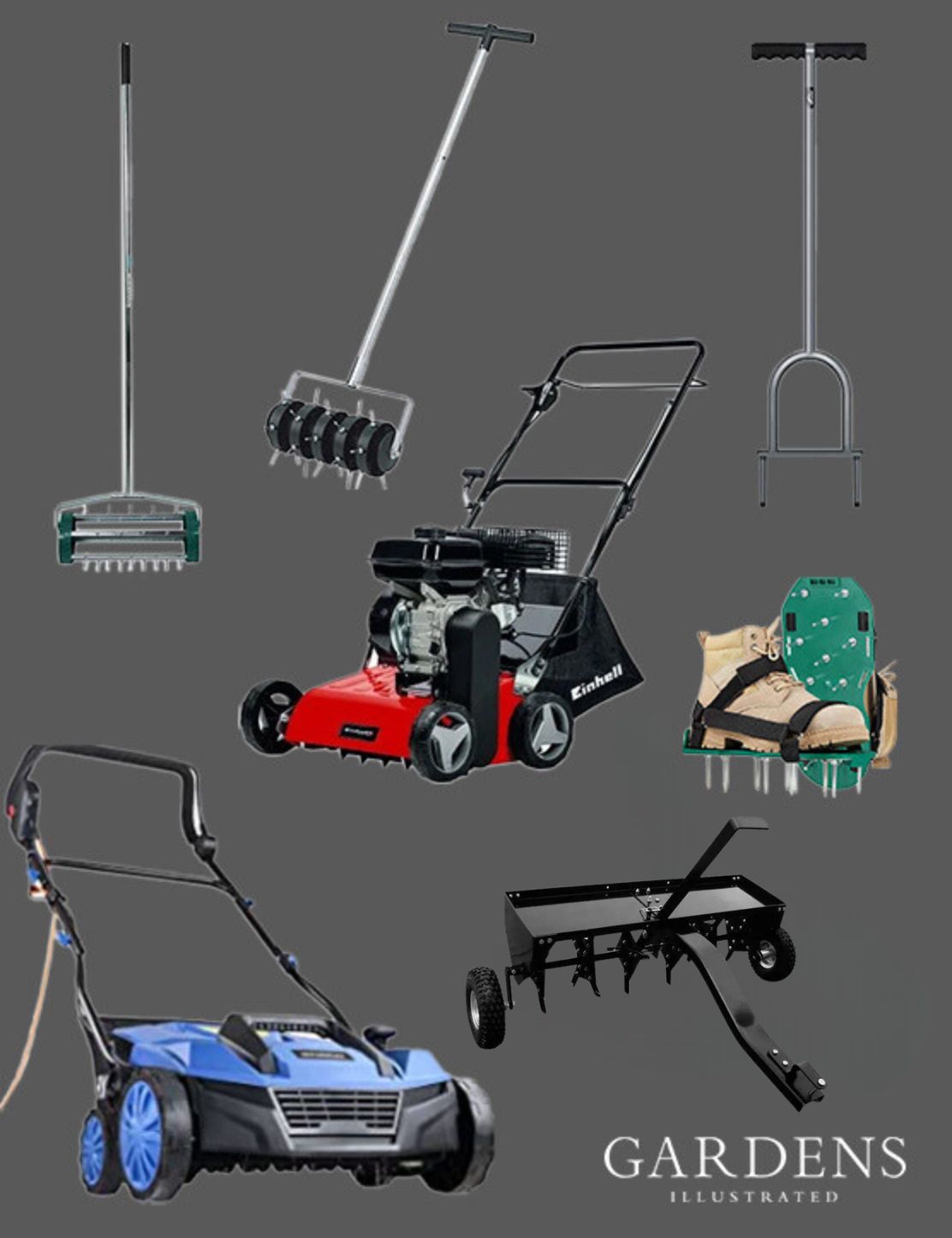 Lawn aerators on a grey background