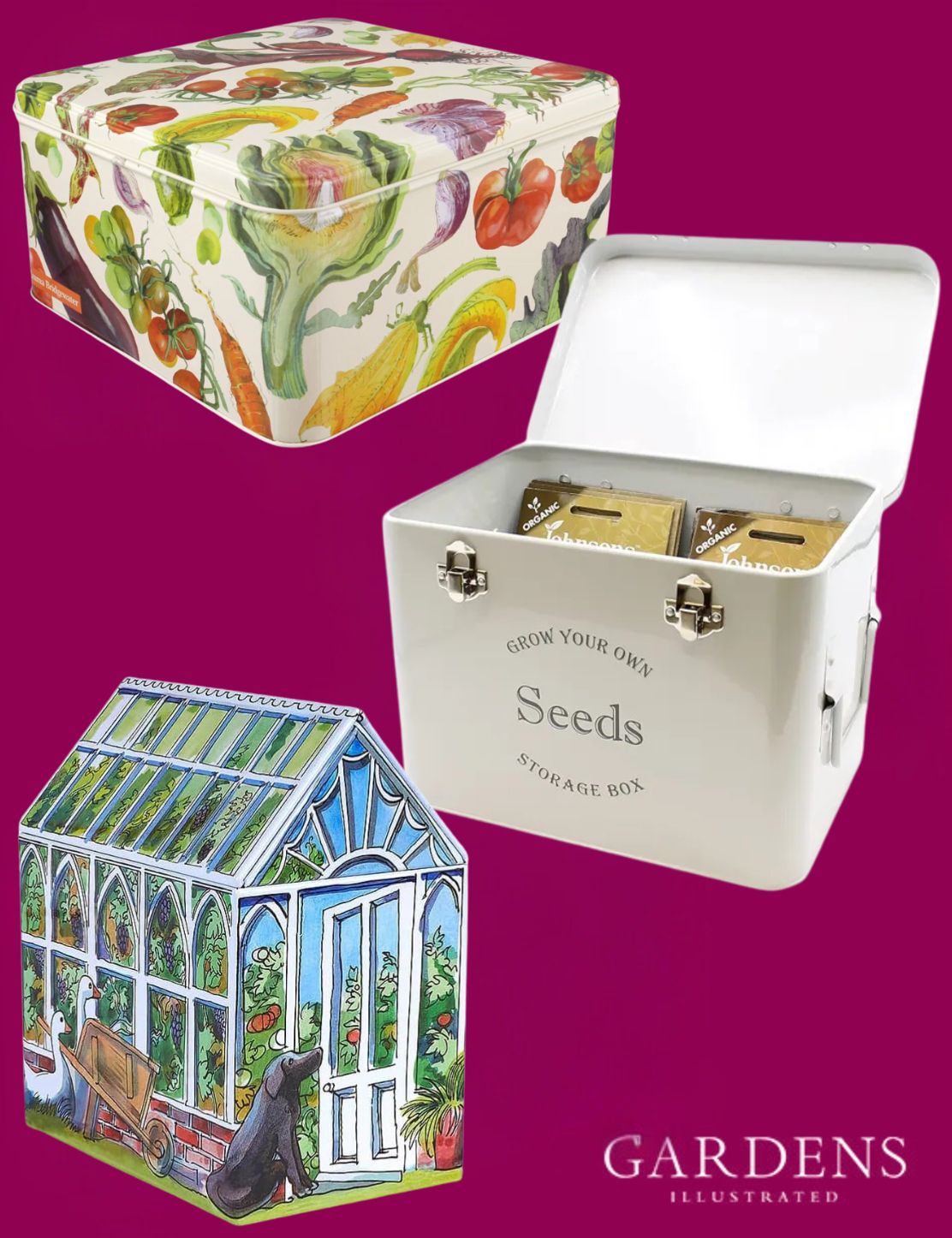 A selection of seed tins on a pink background