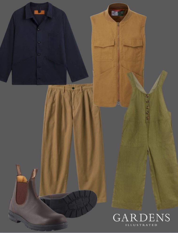 A selection of workwear clothing on a grey background