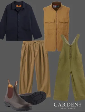 Allotment chic gardening clothes A selection of workwear clothing on a grey background