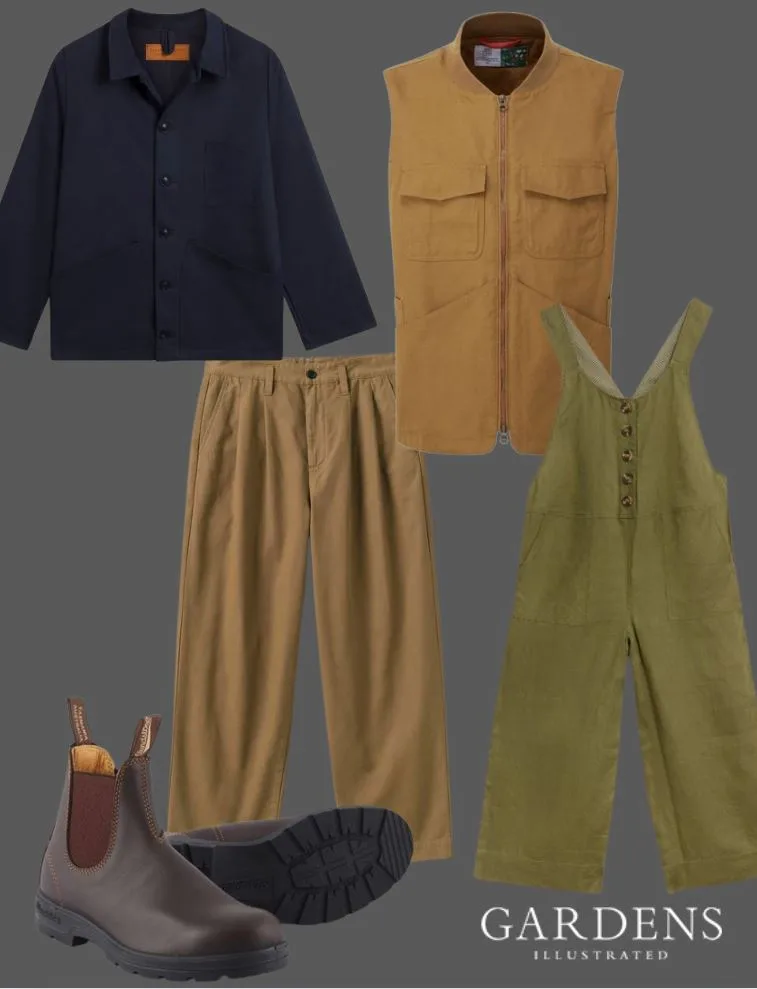 A selection of workwear clothing on a grey background