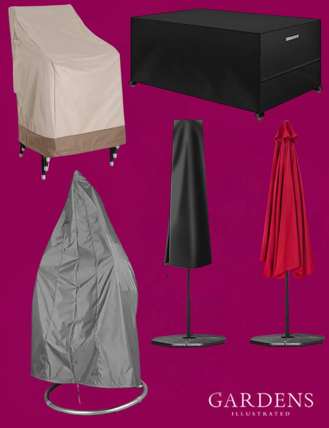 Furniture covers on a pink background with the Gardens Illustrated logo