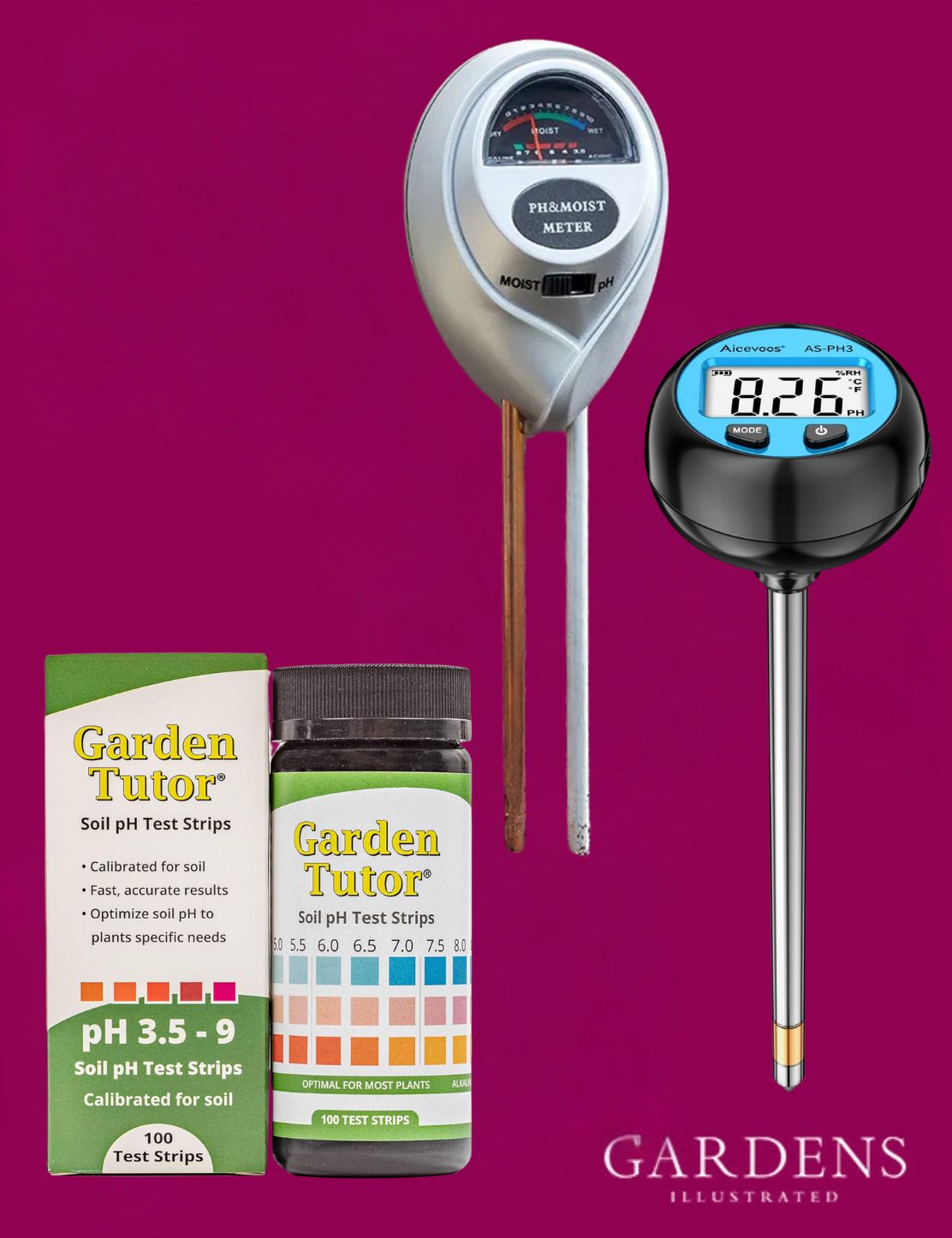 Soil pH meters on a pink background